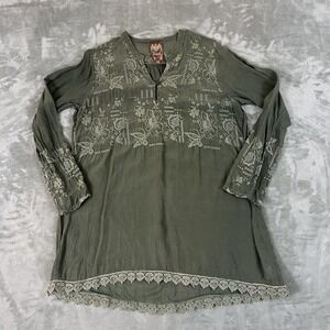 Johnny Was Blouse Womens Small Green Floral Embroidered Tunic Top Boho Lace Hem